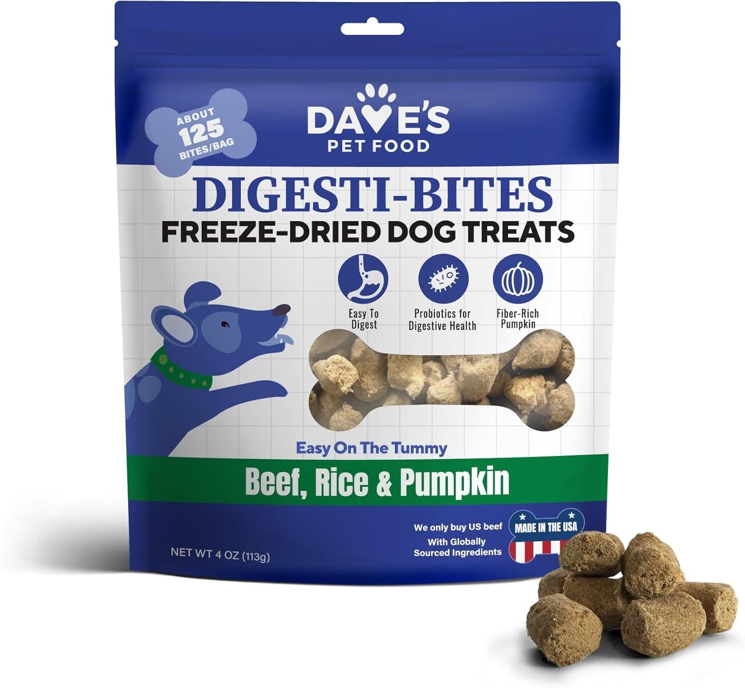 Dave's Pet Food Digesti-Bites Beef, Rice & Pumpkin Freeze-Dried Dog Treats, 4-oz