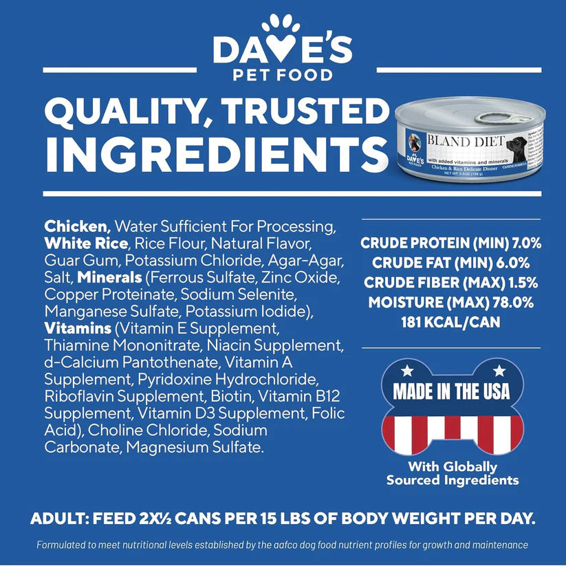 Dave's Pet Food Restricted Bland Diet Chicken & Rice Delicate Dinner Wet Dog Food Can, 13.2-oz