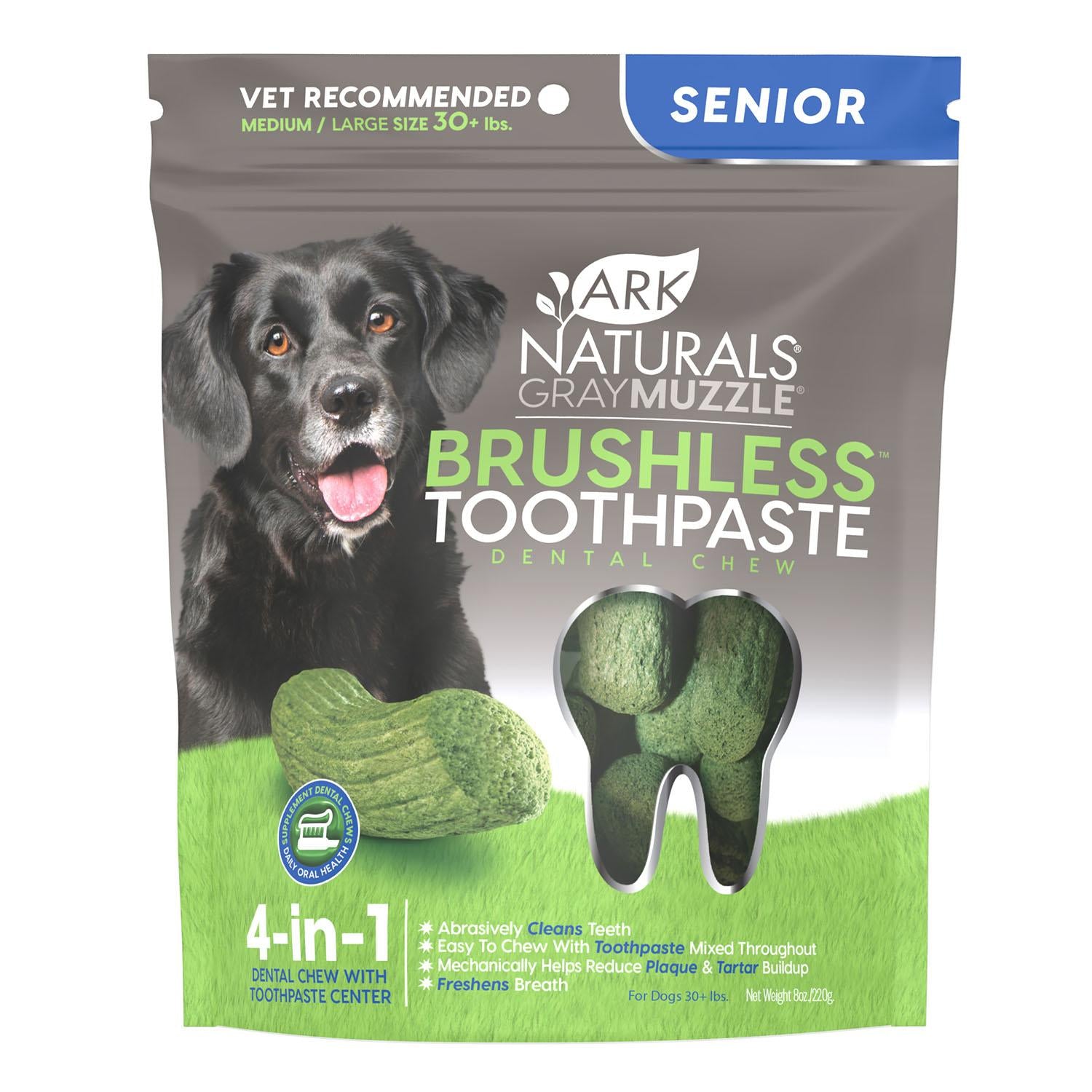 Ark Naturals Gray Muzzle Breath-Less Brushless Toothpaste Large Senior Dog Chews, 7.8-oz