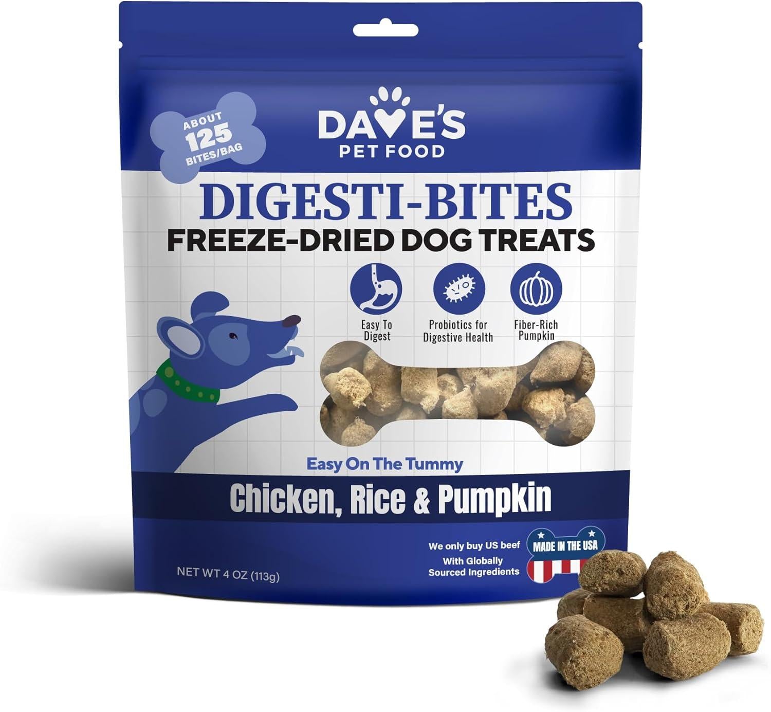 Dave’s Pet Food Digesti-Bites Chicken, Rice & Pumpkin Freeze-Dried Dog Treats, 4-oz