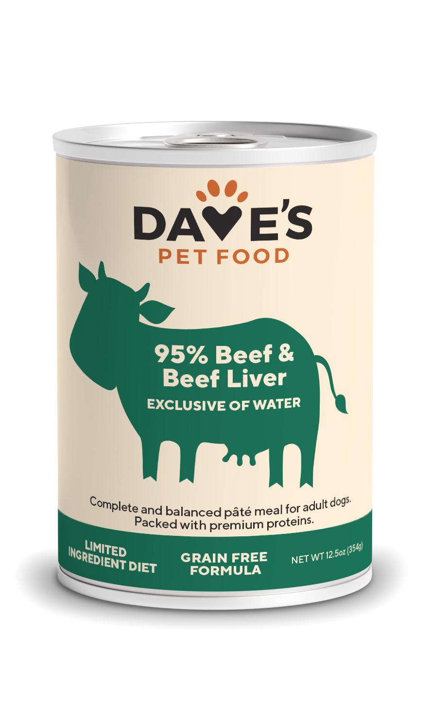 Dave's Pet Food 95% Premium Meats Beef & Beef Liver Wet Dog Food Can, 12.5-oz