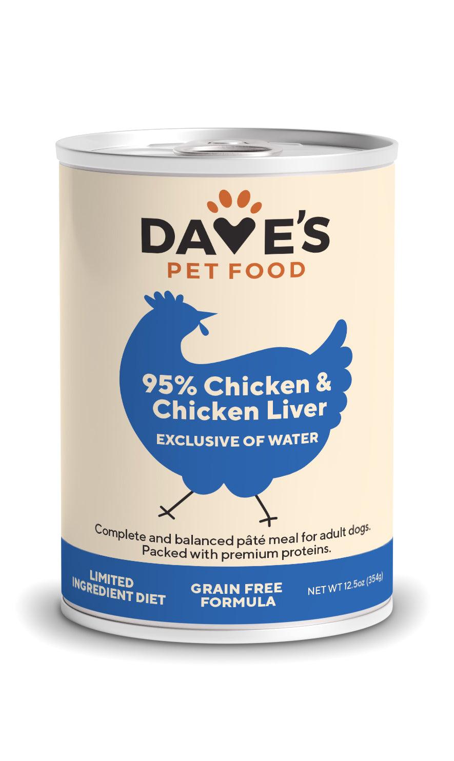 Dave's Pet Food 95% Premium Meats Chicken & Chicken Liver Wet Dog Food Can, 12.5-oz